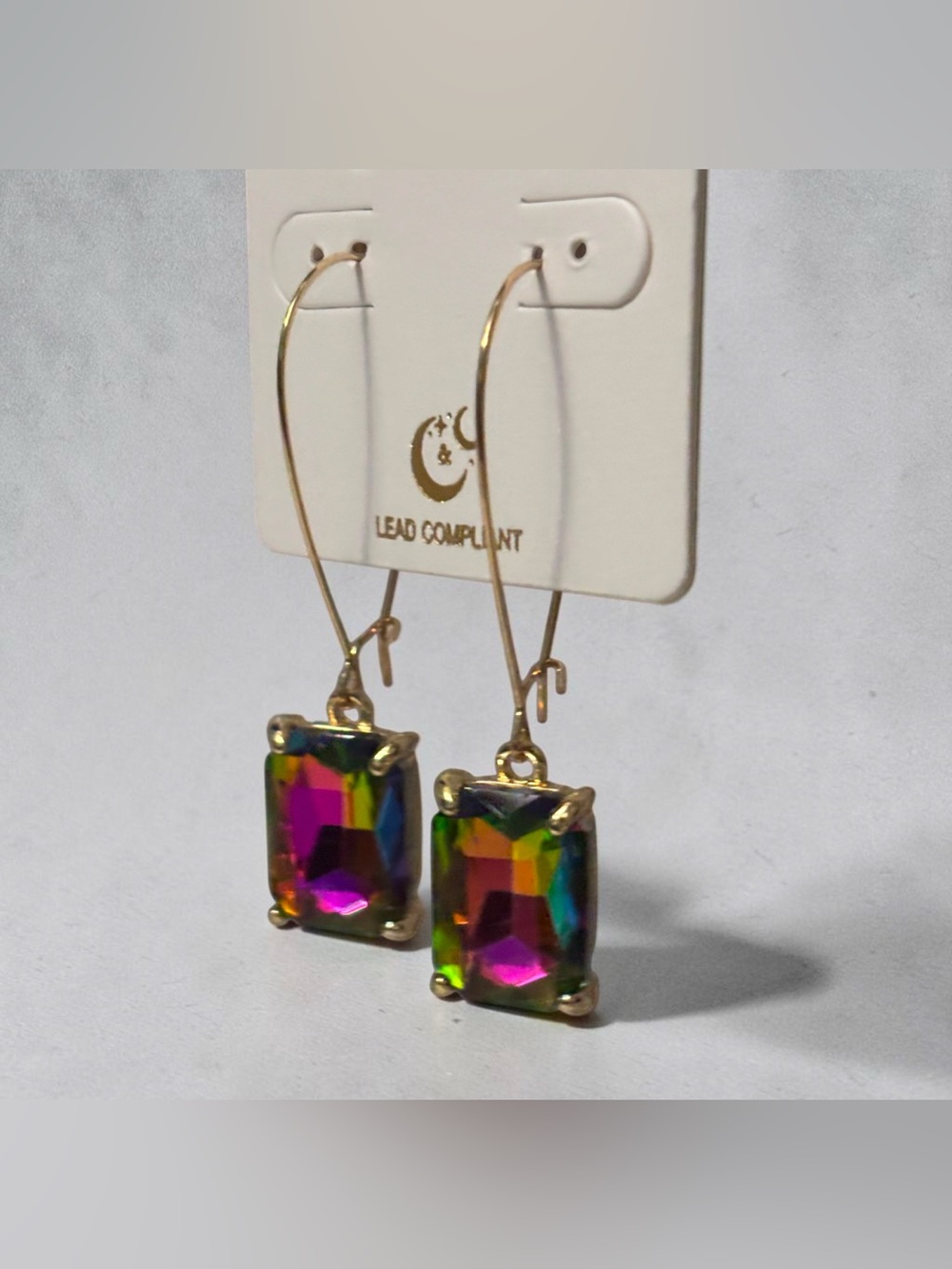 Volcano Rectangle Glass Stone Kidney Wire Gold Earrings
